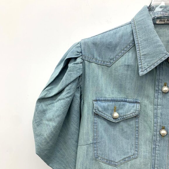 Miu Miu Light Blue Bubble Sleeve Cotton Denim Shirt - Picture 3 of 8